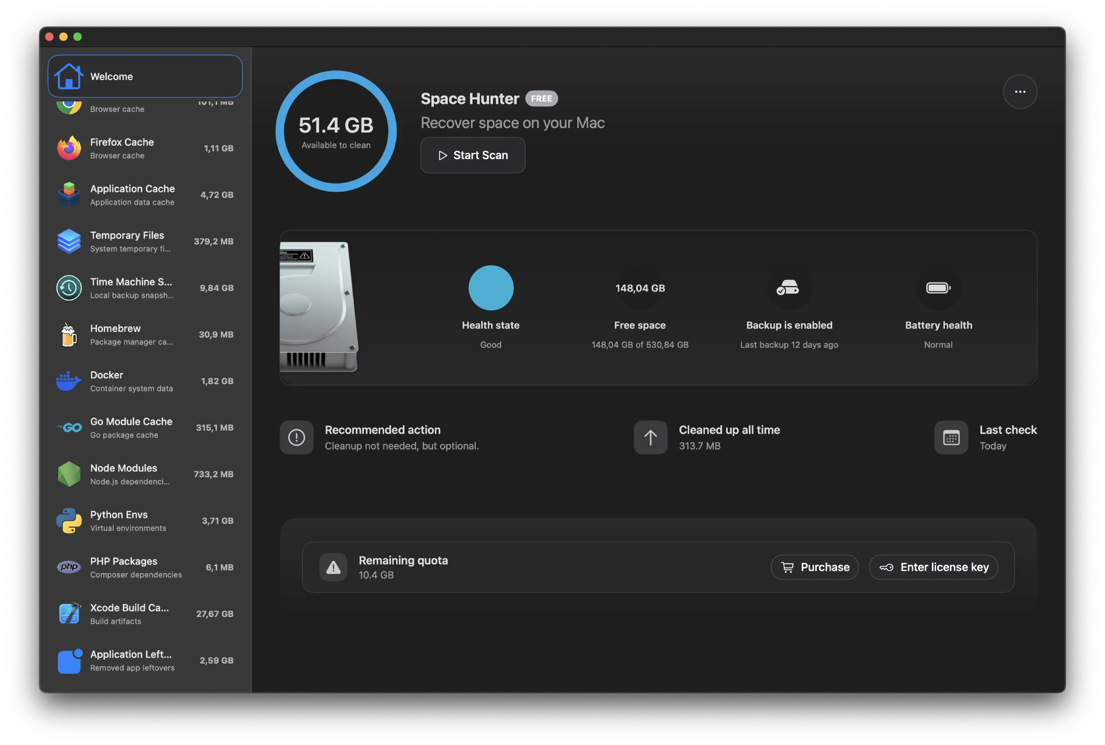 Space Hunter macOS application interface showing disk space analysis and cleanup categories