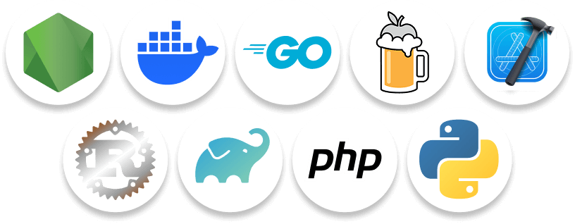 Supported developer tools: Docker, Xcode, npm, Android Studio, Homebrew, Cocoapods icons